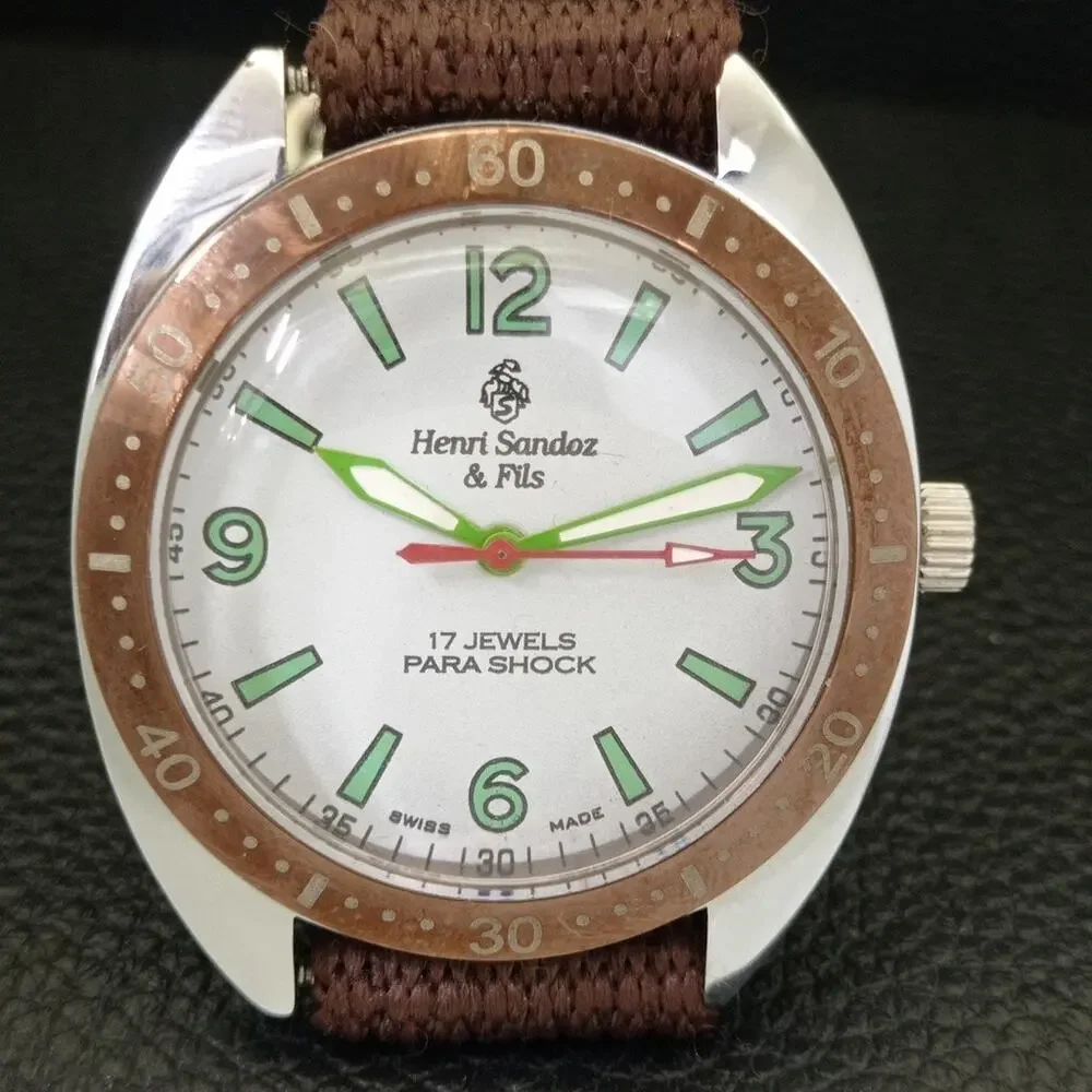 Vintage 1973 Henri Sandoz Manual Mens Silver Watch W/Nato Strap - Picture 4 of 9